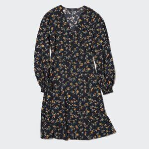 Uniqlo Printed V-Neck Long-Sleeve Flare Mini Dress